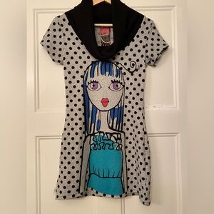 Stylish French Polka Dot Dress with Graphic Print